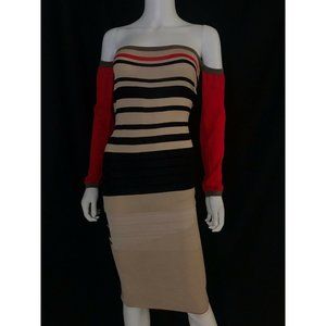 Warehouse Women Dress Bodycon Knee Length Striped Beige Red Bare Shoulders M